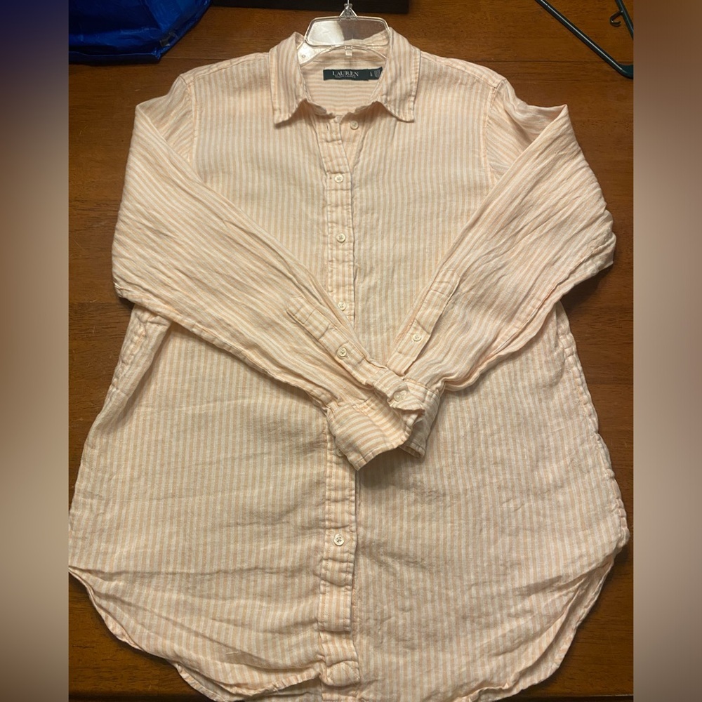 Lauren Ralph Lauren Peach Striped Linen Shirt L - Picture 7 of 9
